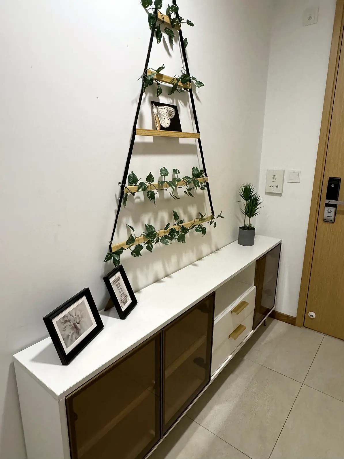 Foyer with shoe cabinet and decorative plant shelf at Harbour View Gardens
